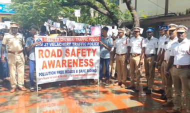 வேளச்சேரி போக்குவரத்து போலீஸார் பள்ளி மாணவர்களை வைத்து சாலை பாதுகாப்பு விழிப்புணர்வு பேரணி.!